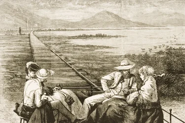 An inspection car on the Pacific Railway approaching the Great Salt Lake